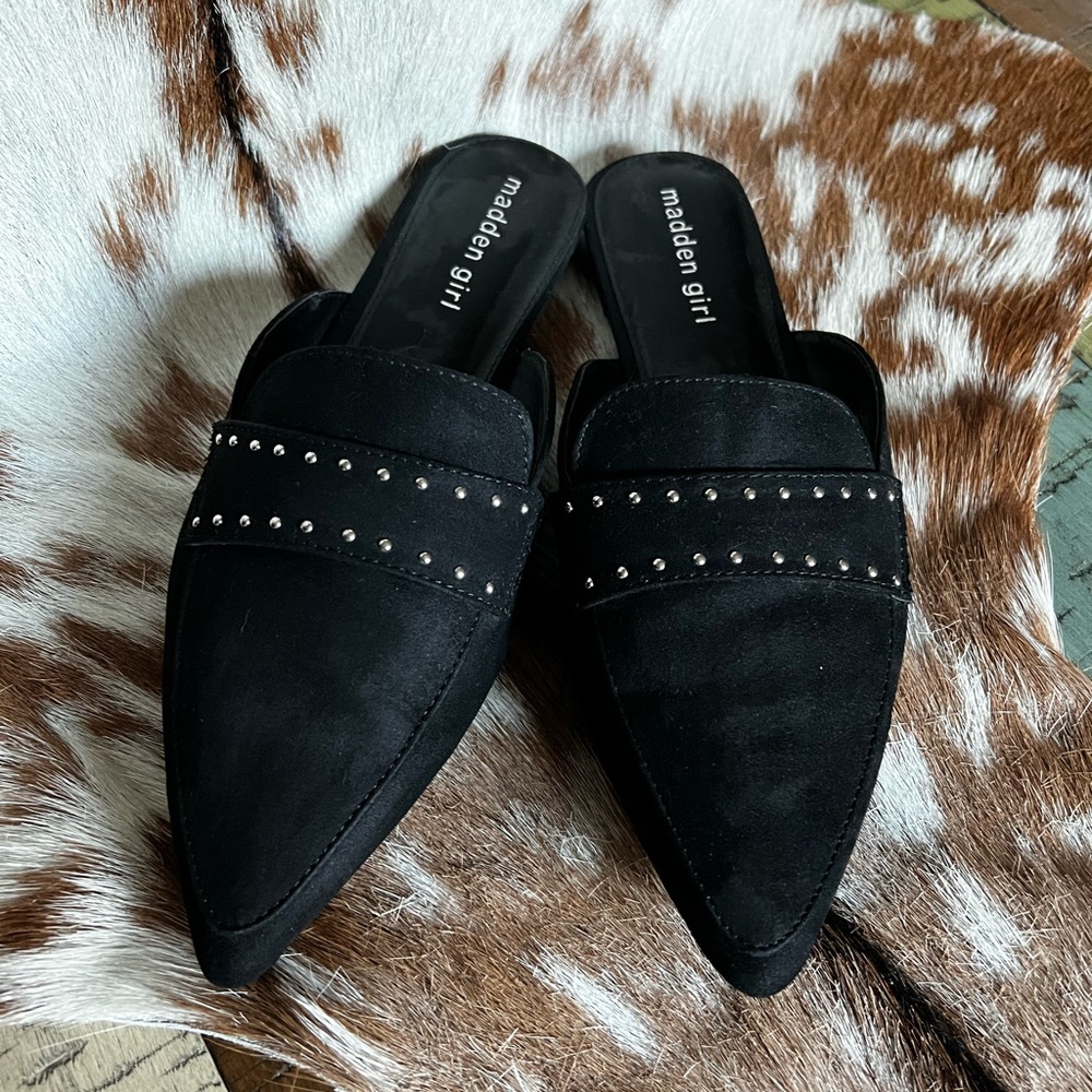 Madden Girl Shoes New Madden Mecca Studded Vegan Black Suede Mules Black/Silver